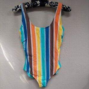 Heat Womens Rainbow Stripe One Piece Swimsuit Criss Cross Back Scoop Neck Multi